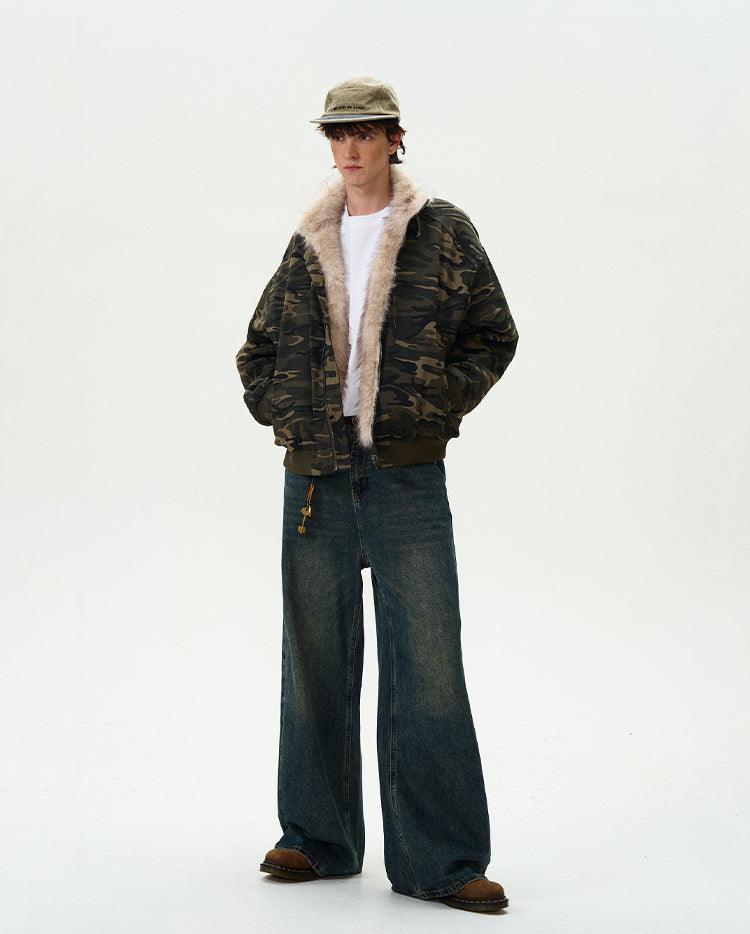 CAMOUFLAGE FAUX FUR COLLAR BOMBER JACKET - Revivo Avenue