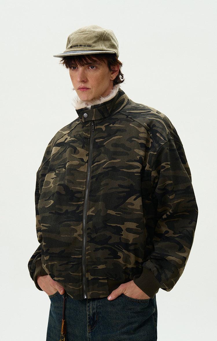 CAMOUFLAGE FAUX FUR COLLAR BOMBER JACKET - Revivo Avenue