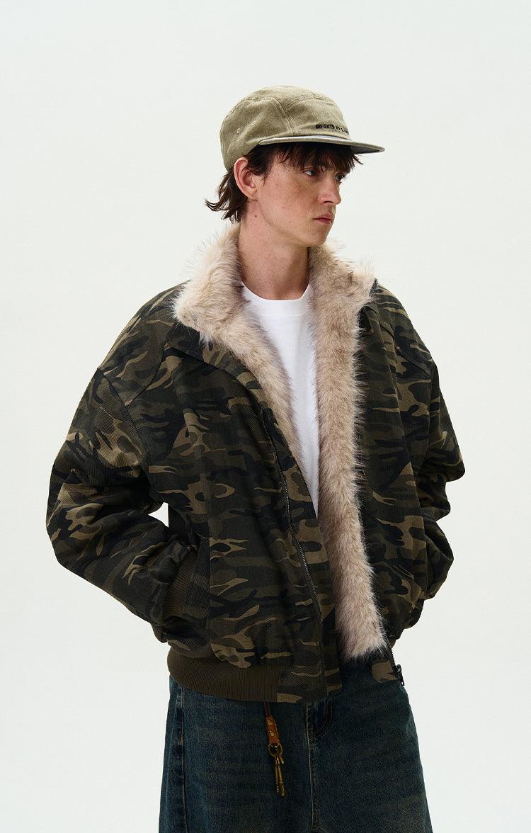 CAMOUFLAGE FAUX FUR COLLAR BOMBER JACKET - Revivo Avenue