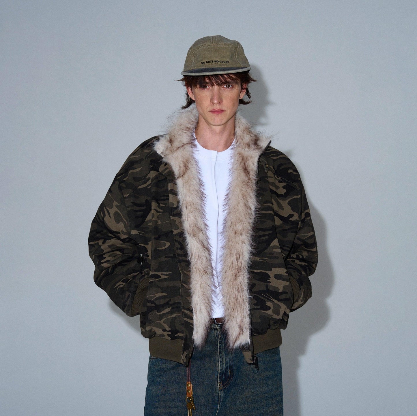 CAMOUFLAGE FAUX FUR COLLAR BOMBER JACKET - Revivo Avenue
