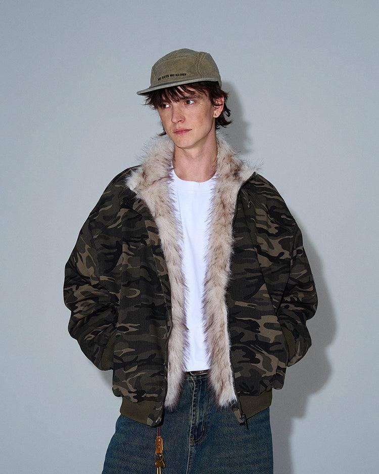 CAMOUFLAGE FAUX FUR COLLAR BOMBER JACKET - Revivo Avenue