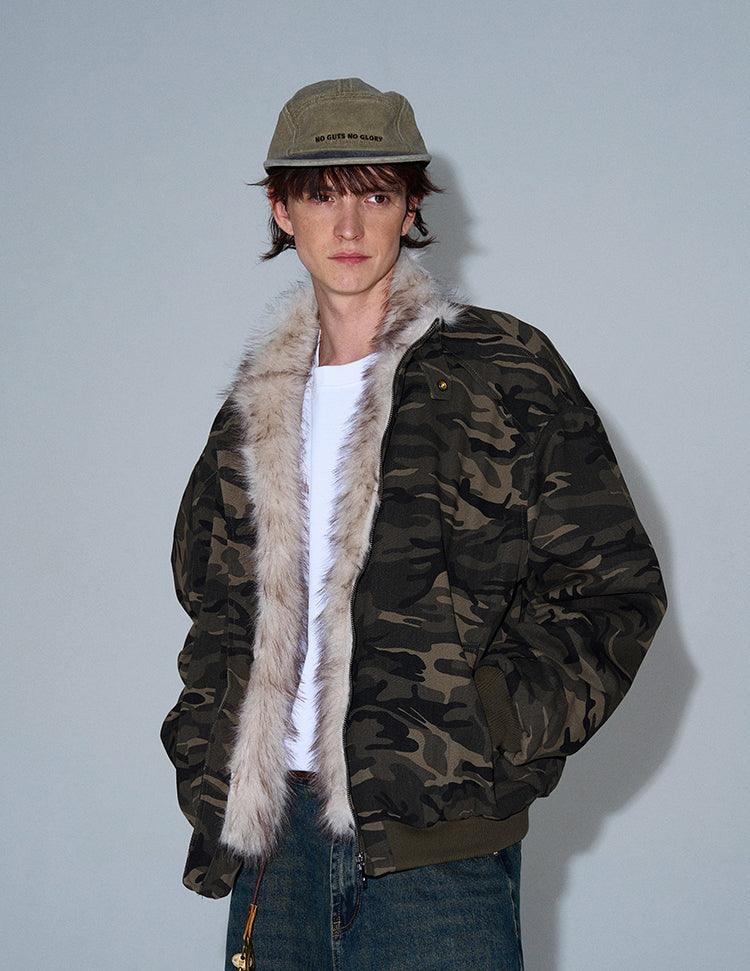 CAMOUFLAGE FAUX FUR COLLAR BOMBER JACKET - Revivo Avenue
