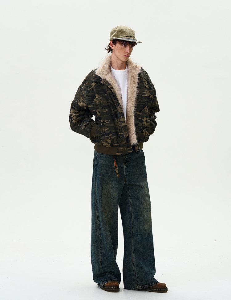 CAMOUFLAGE FAUX FUR COLLAR BOMBER JACKET - Revivo Avenue