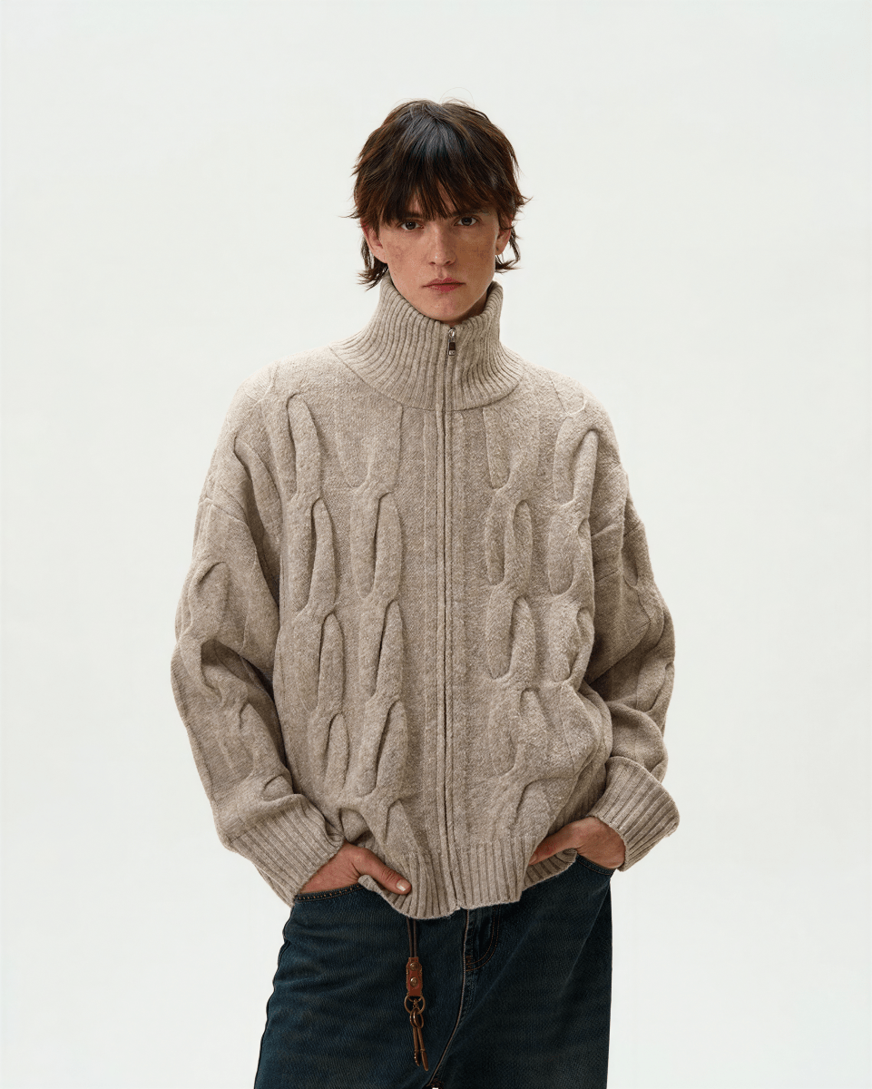 Cap - d'Ail Cable Knit Zip - Up Cardigan - Revivo Avenue