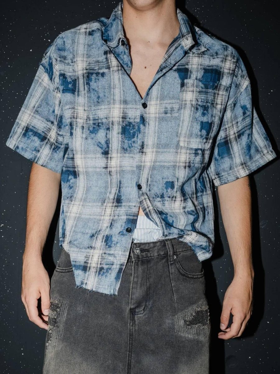Clouded Plaid Frayed - Hem Shirt - Revivo Avenue