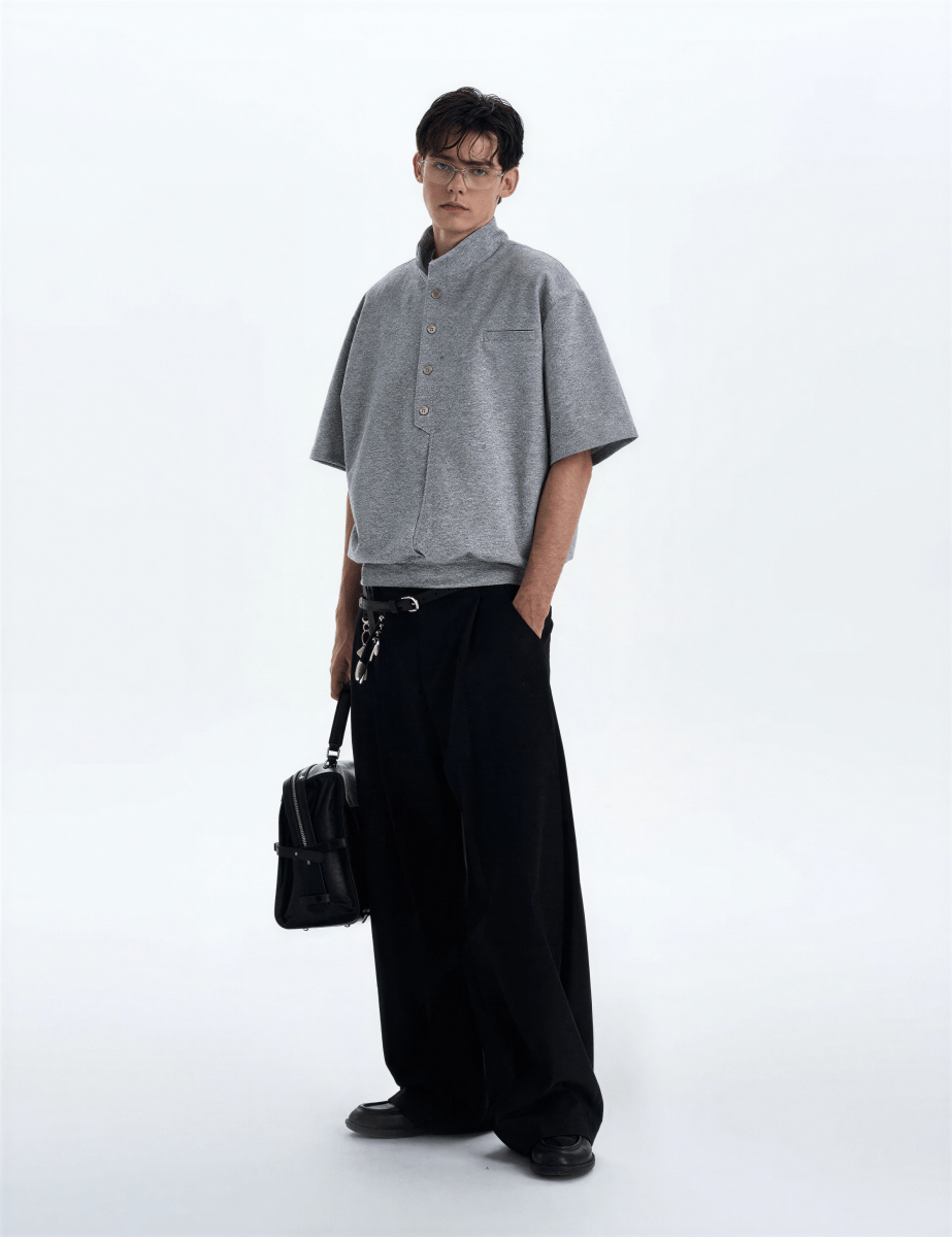 Stand Collar Short Sleeve Shirt - Revivo Avenue