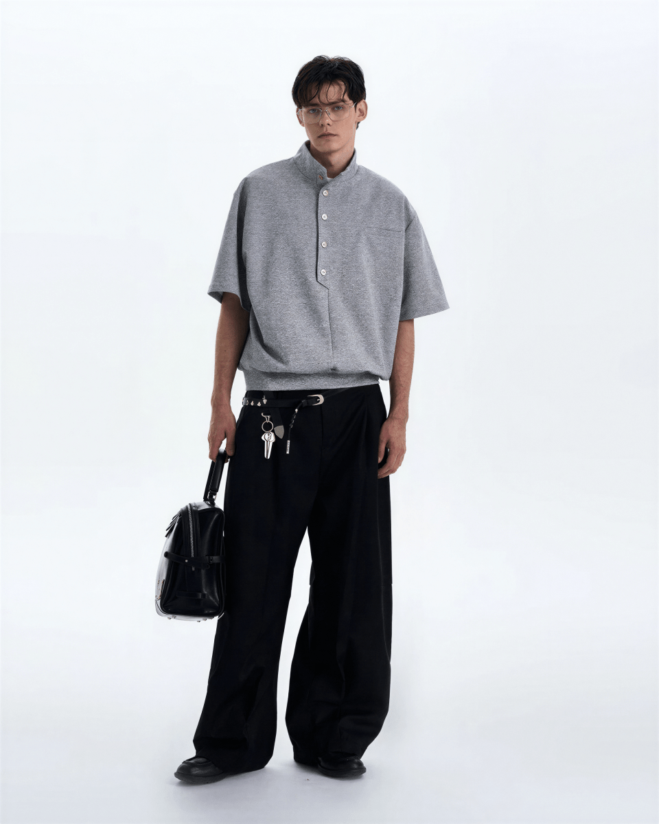 Stand Collar Short Sleeve Shirt - Revivo Avenue