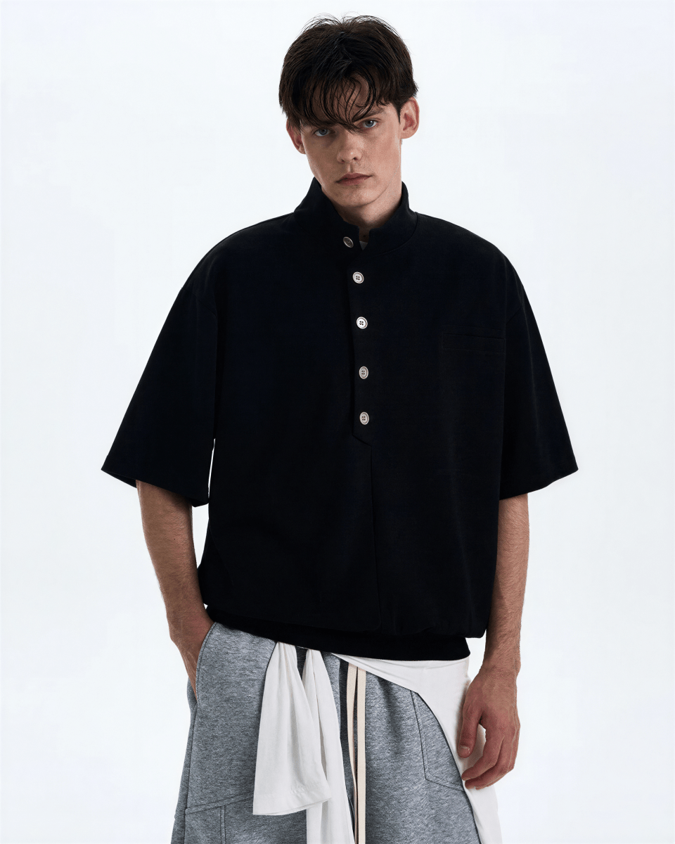 Stand Collar Short Sleeve Shirt - Revivo Avenue