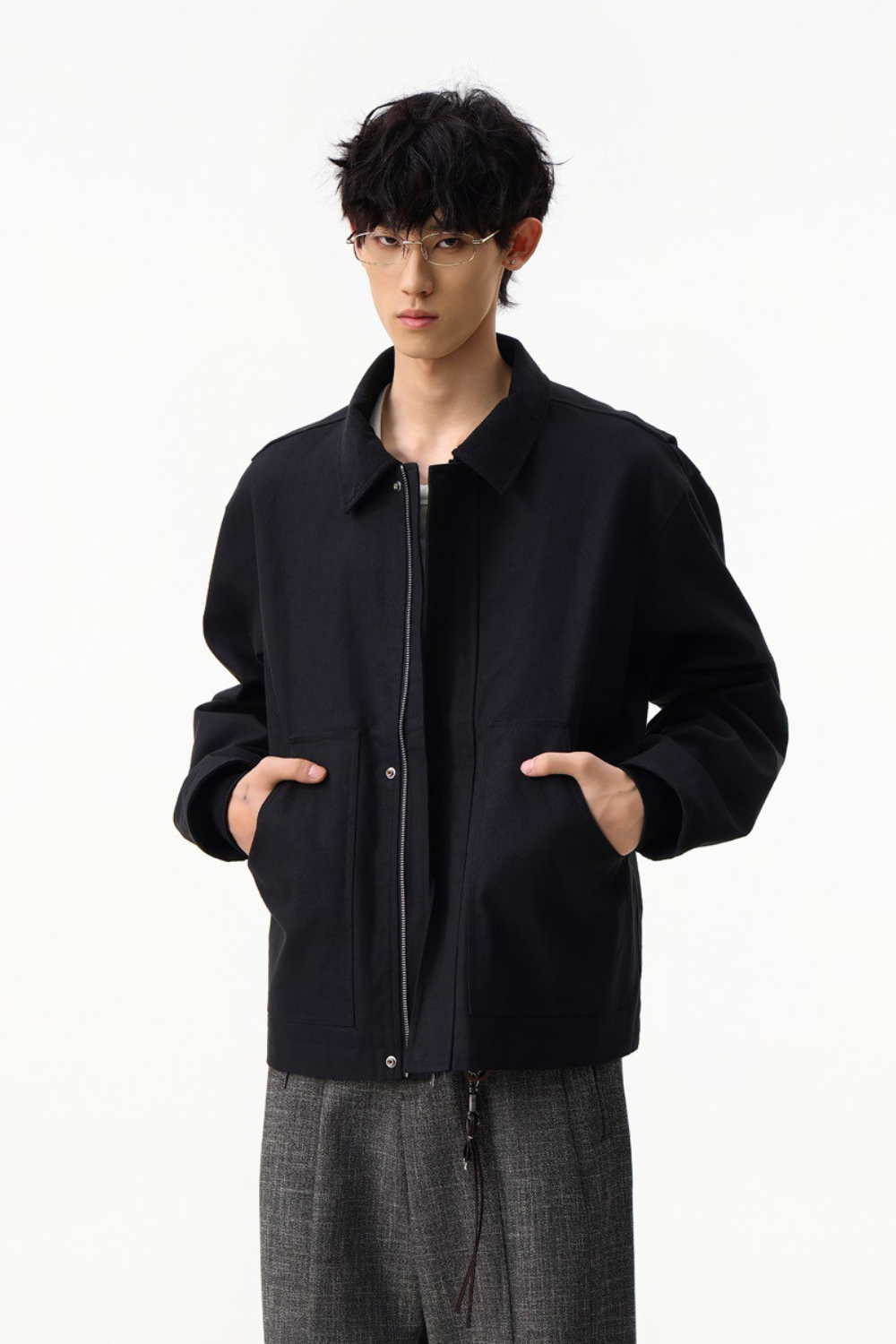 Contrast Collar Cotton Zip Jacket