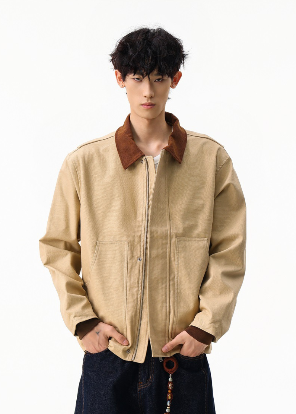Contrast Collar Cotton Zip Jacket