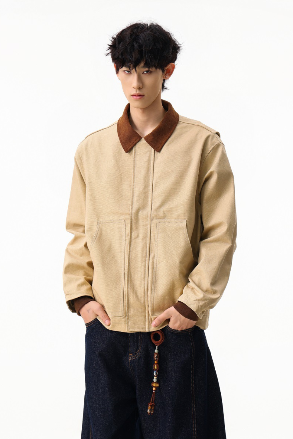 Contrast Collar Cotton Zip Jacket