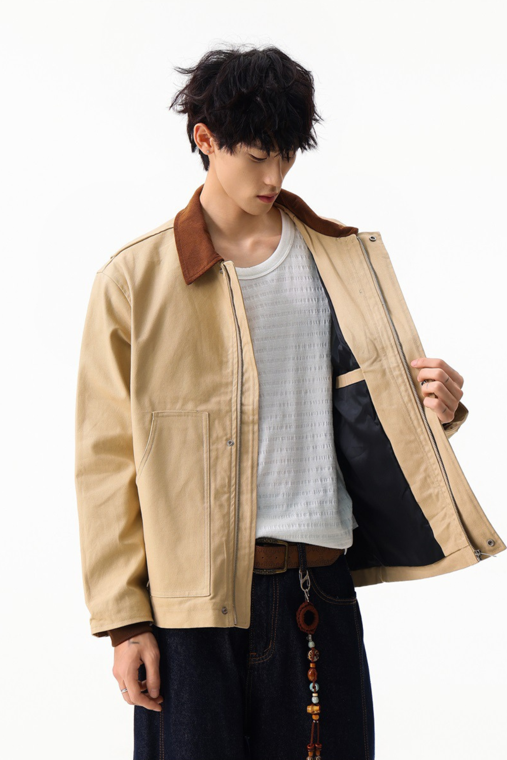 Contrast Collar Cotton Zip Jacket