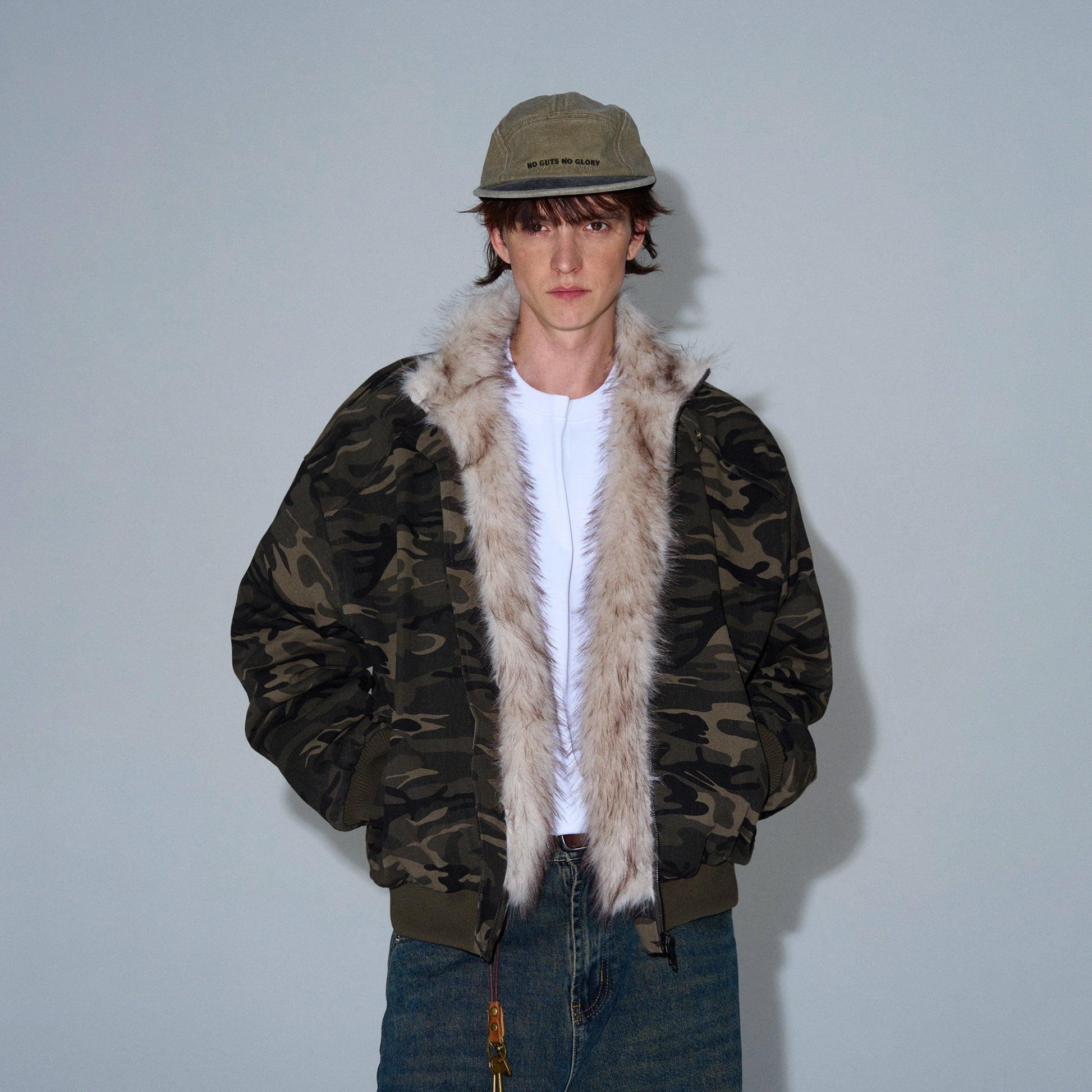 CAMOUFLAGE FAUX FUR COLLAR BOMBER JACKET - Revivo Avenue