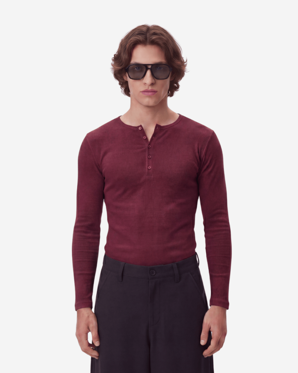 Black Cherry Fine Rib Henley - Revivo Avenue
