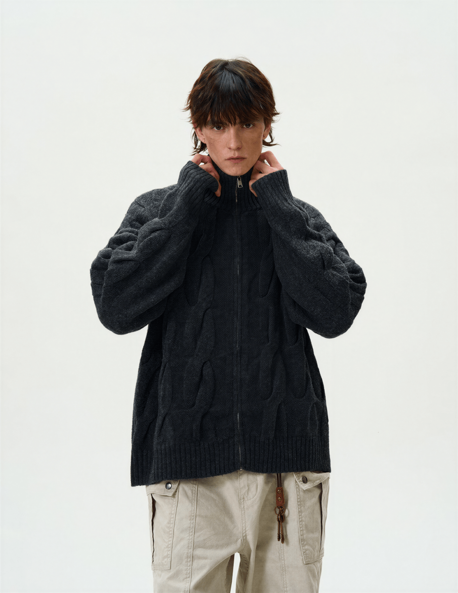 Cap - d'Ail Cable Knit Zip - Up Cardigan - Revivo Avenue