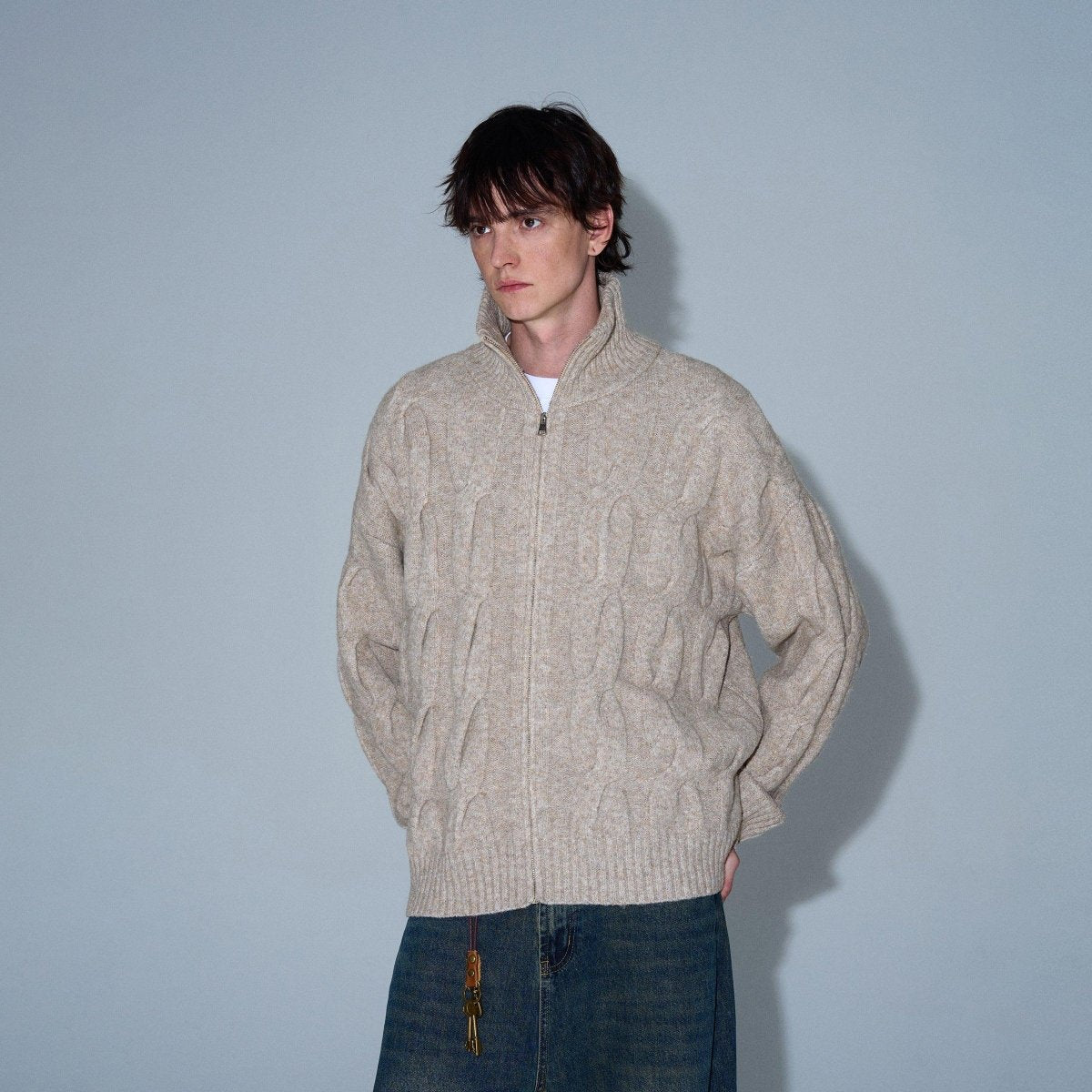 Cap - d'Ail Cable Knit Zip - Up Cardigan - Revivo Avenue