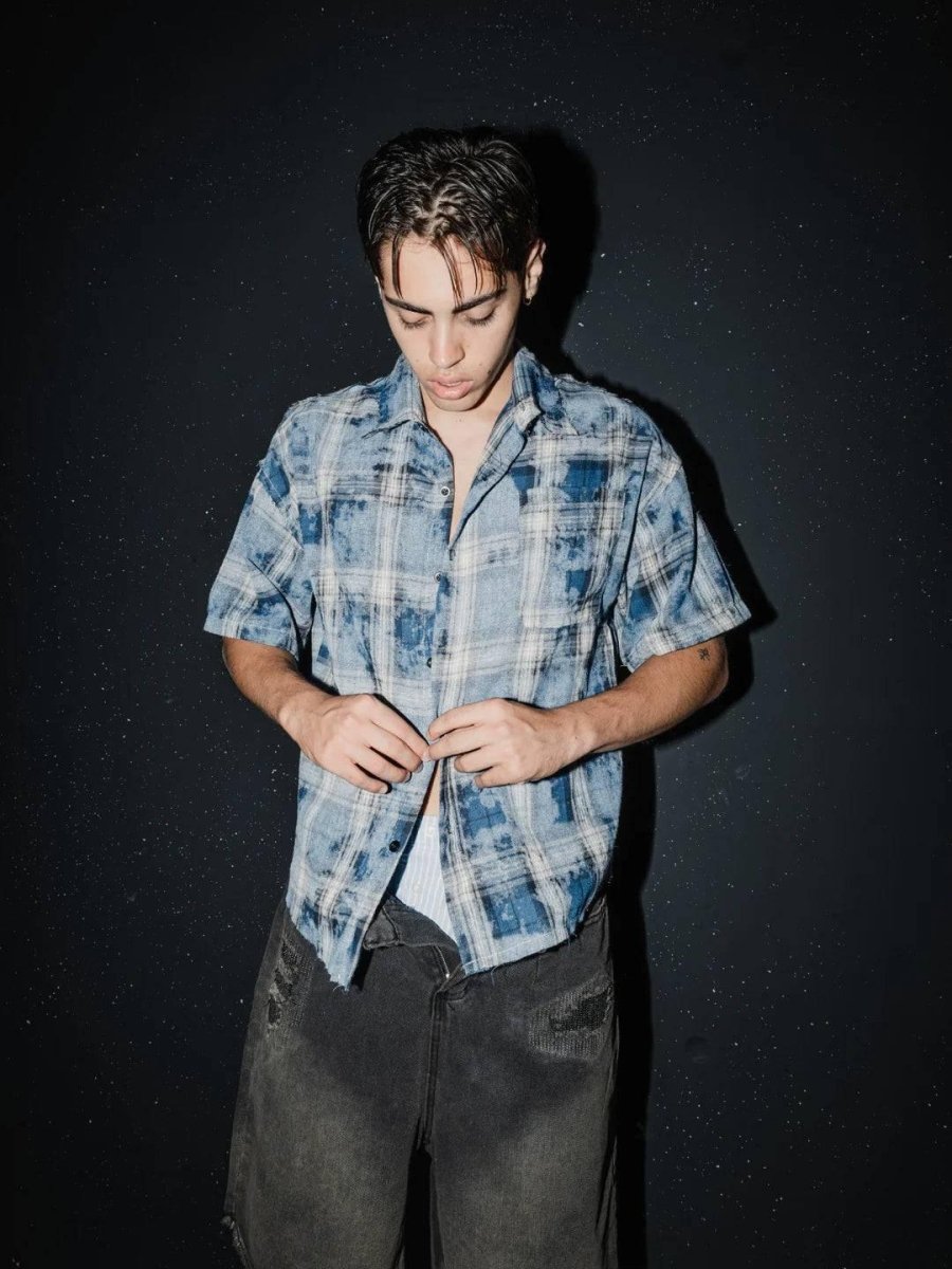 Clouded Plaid Frayed - Hem Shirt - Revivo Avenue