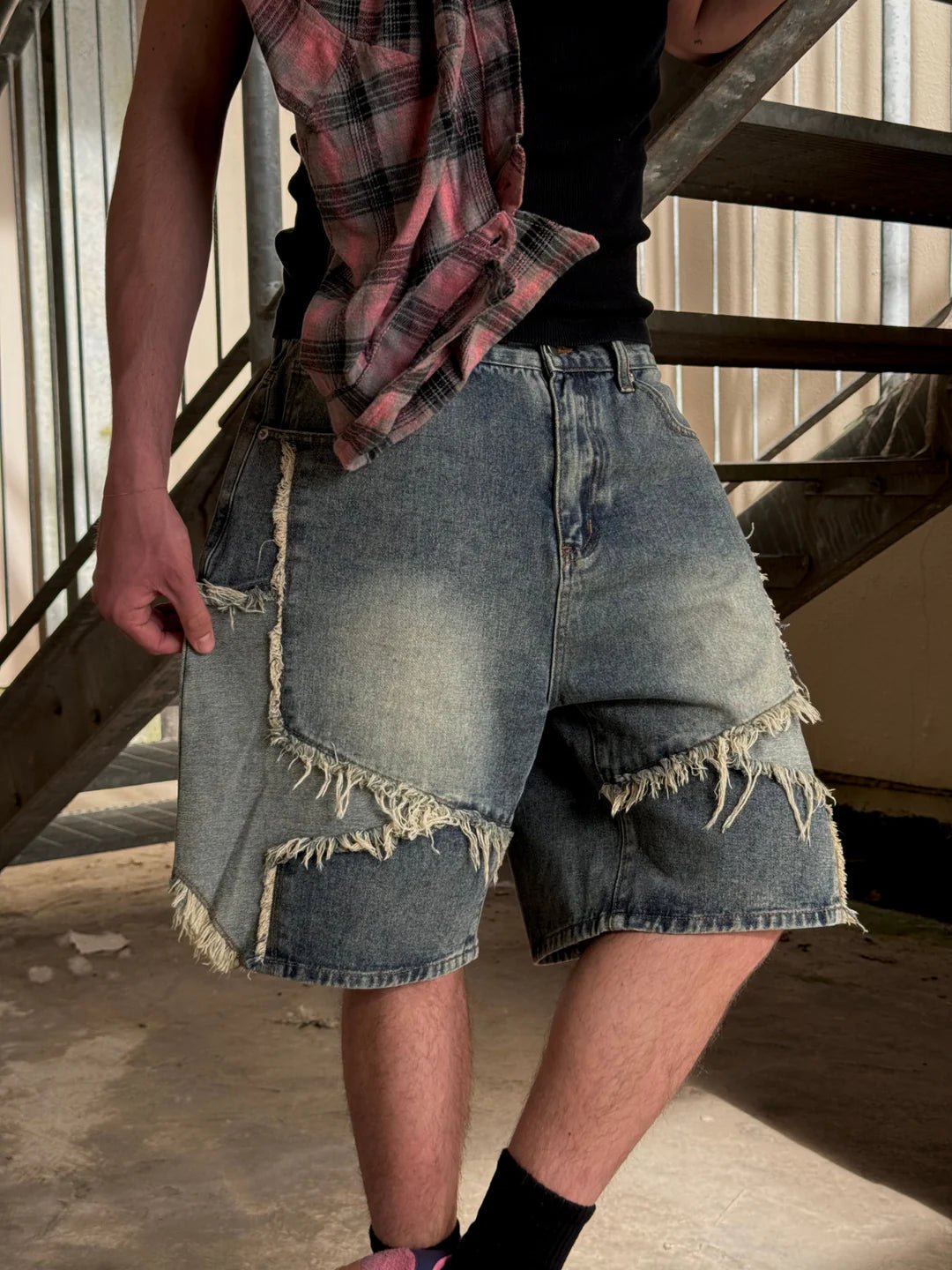 Fracture Distressed Denim Jorts - Revivo Avenue