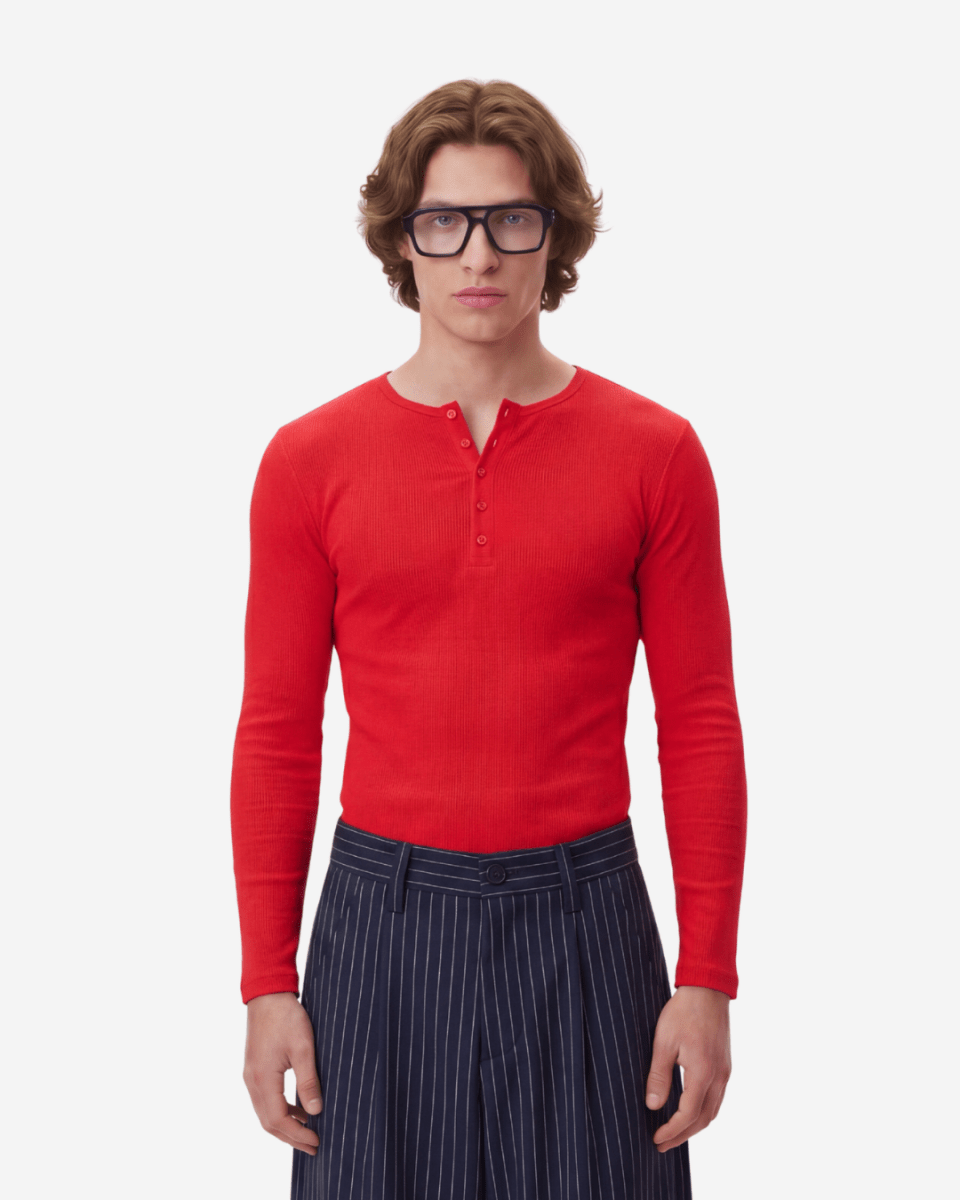 Italian Red Fine Rib Henley - Revivo Avenue