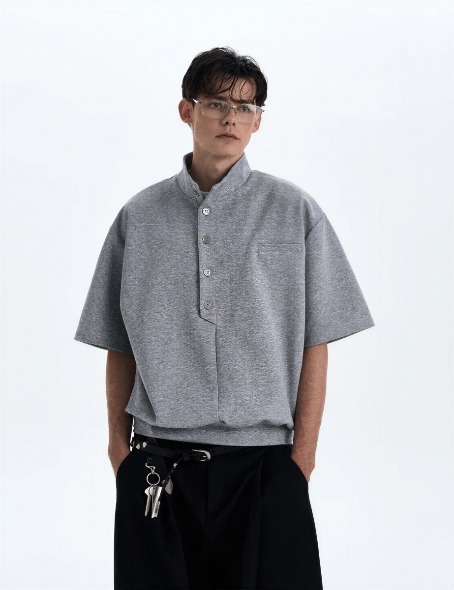 Stand Collar Short Sleeve Shirt - Revivo Avenue